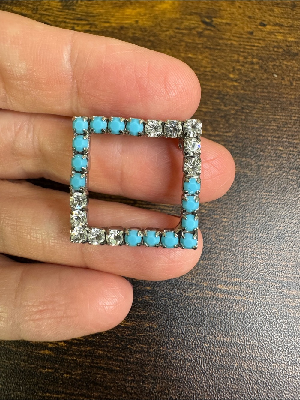 Vintage Turquoise & Clear Crystal Square Brooch